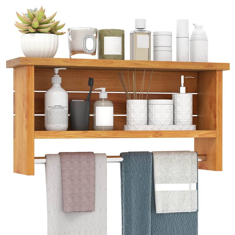 Costway 2-Tier Solid Teak Wood Bathroom Shelf with Towel Bar Stainless - Natural - See Details - Natural