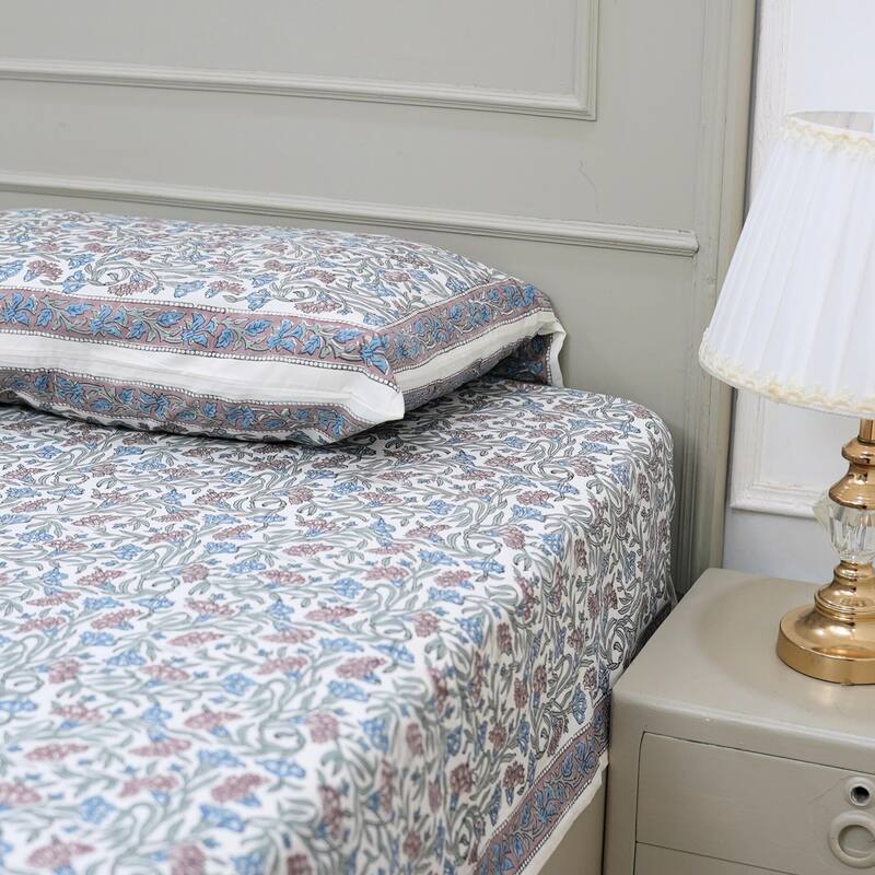 Fabdivine Cotton Hand Block Floral Flat Sheet Bed Room Home Décor Accent Gift