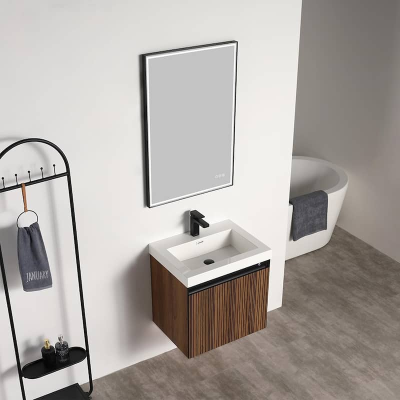 Blossom Lille Brown Walnut Floating Vanity with LED & Acrylic Sink