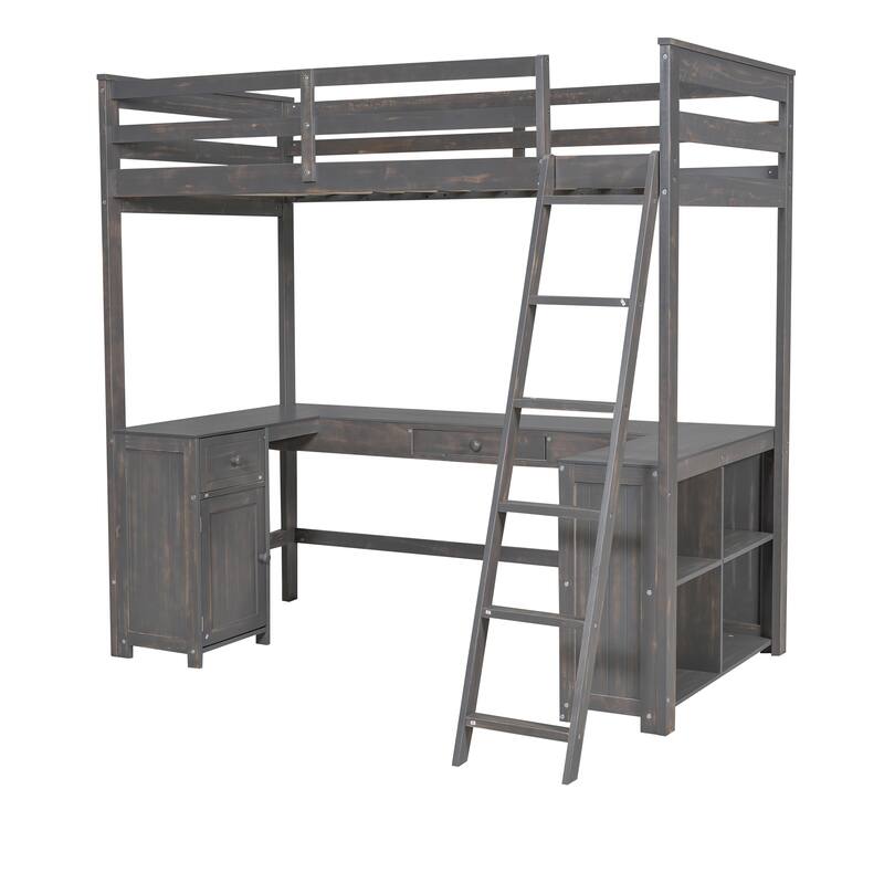 U-Shaped Desk Loft Bed with Storage Shelves & Drawers, Twin Size, Antique Brown