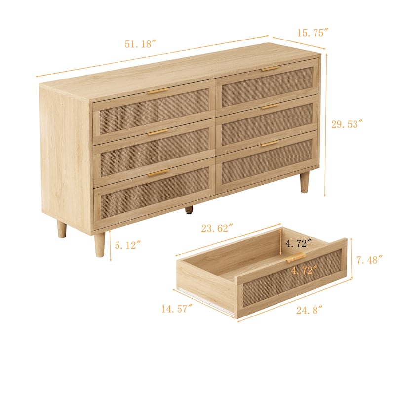 51.18" 6-Drawers Rattan Storage Cabinet Rattan Drawer - Natural