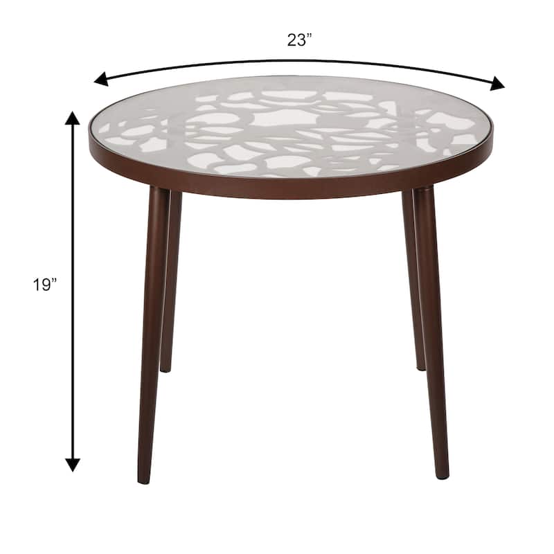 Devon Decorative Modern Floral Cutout Glass Top Patio Coffee Side Table with Aluminum Frame for Indoor Outdoor - 23 x 23