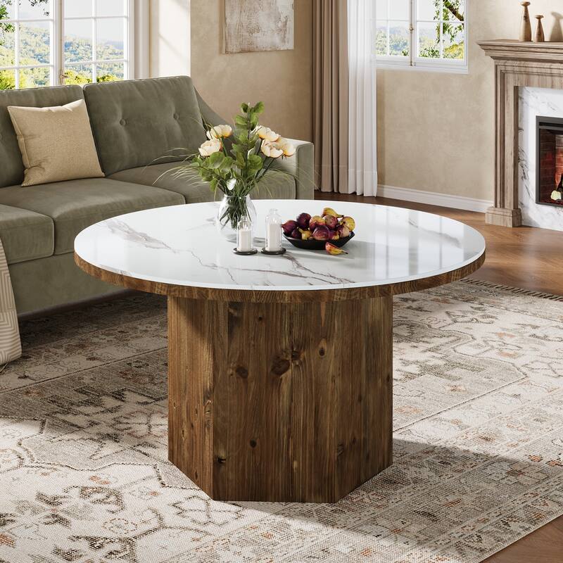 Round Coffee Table with Sintered Stone Top and Solid Wood Base
