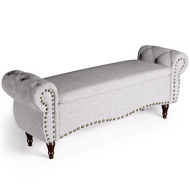 53 in Tufted Rolled Arm Storage Bench with Nailhead Trim - Light Grey