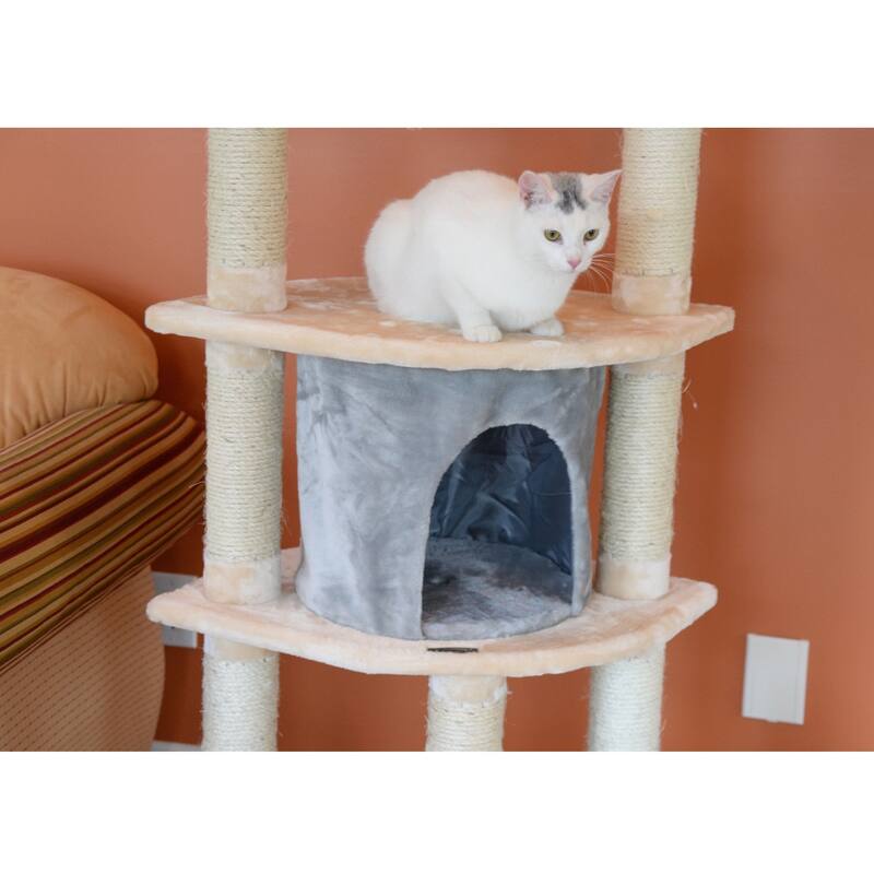 64" Real Wood Cat Tree With Scractch Sisal Post, Soft-side Playhouse, Almond