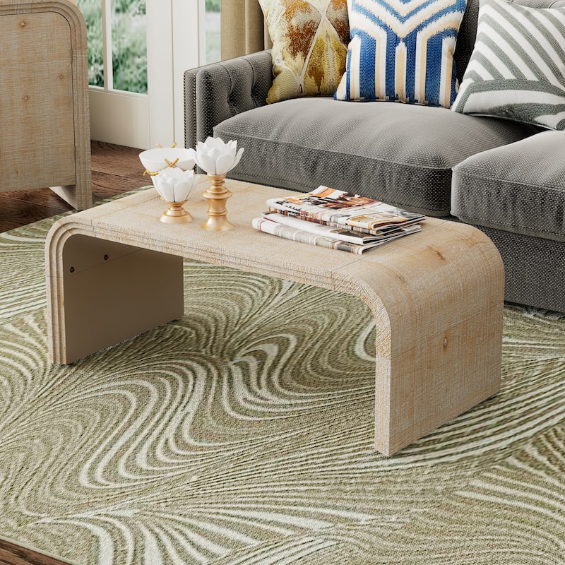 Coffee Table with Curved Art Deco Design, Minimalist Wood Rectangle Center Table, Cocktail Tea Coffee Table for Living Room