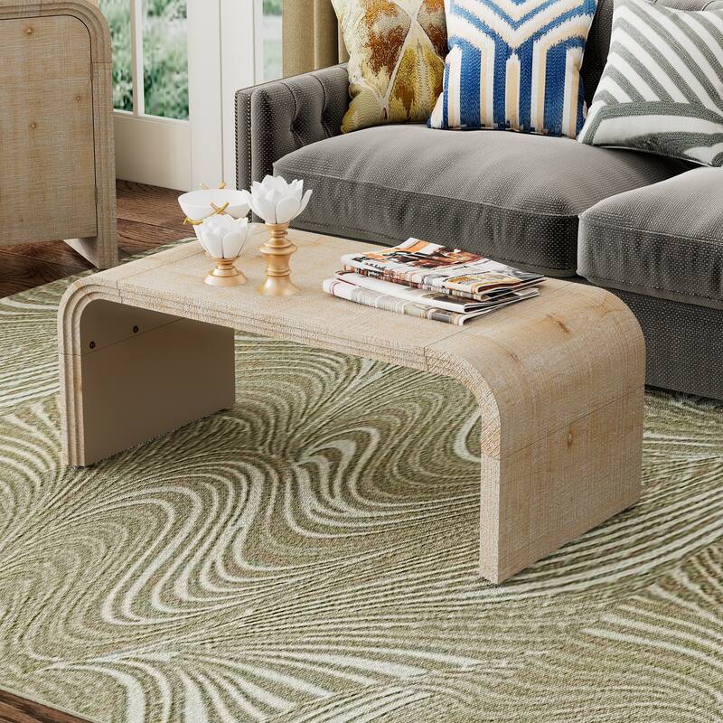 Minimalist Coffee Table with Curved Art Deco Design for Living Room or Dining Room(Natural Wood Wash)