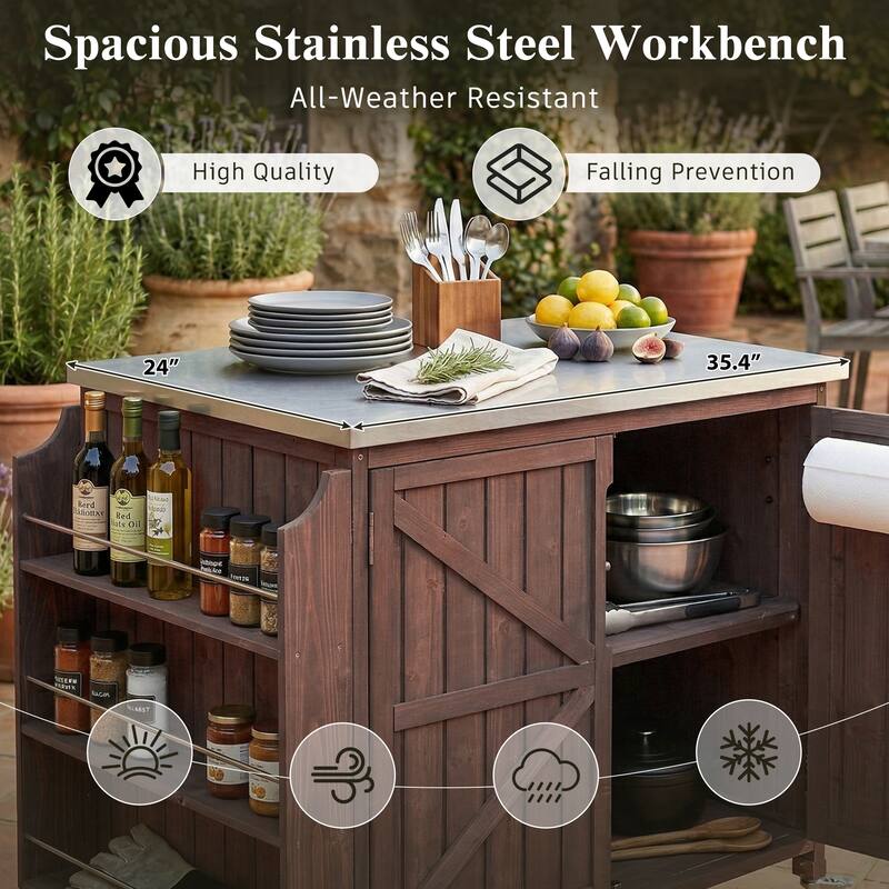 42.1" Outdoor Kitchen Island with Side Shelf, Stainless Steel Top, Adjustable Shelf & 4 Wheels