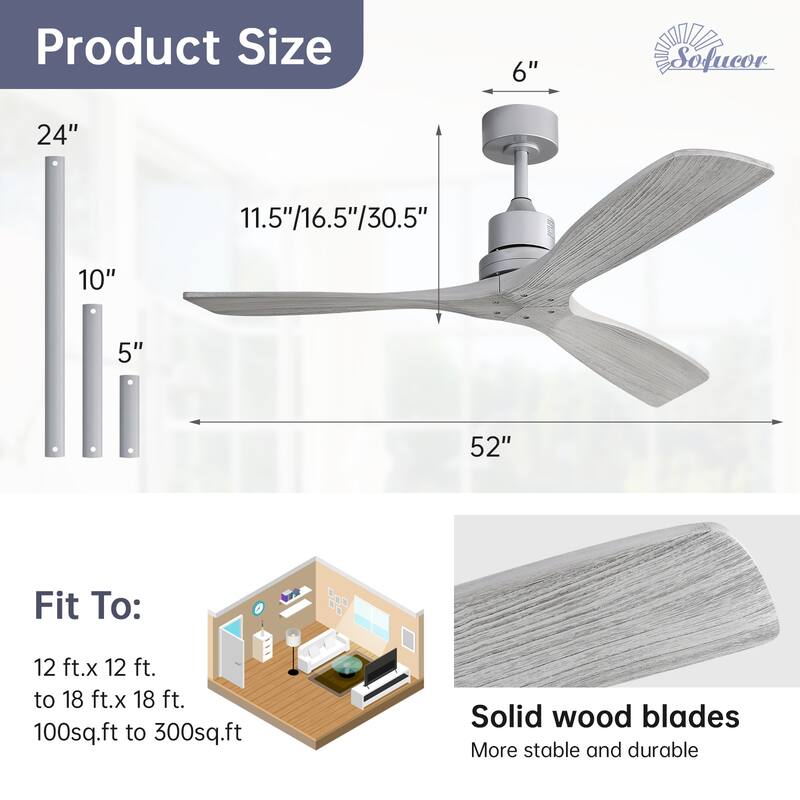 Sofucor 48/52 Inch Ceiling Fan with Light, Solid Wood Blades for Living Room, Bedroom,Smart Optional