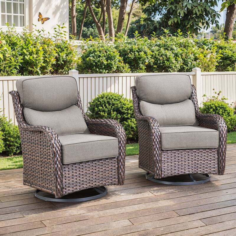 Outdoor Swivel Wicker Patio Chairs Set of 2 - Swivel Chair - Brown Rattan - Grey Cushion
