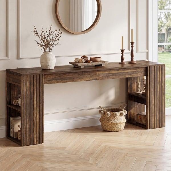 slide 2 of 10, Farmhouse Console Table with Storage, 86.6 Inch Extra Long Entryway Table Rustic Brown