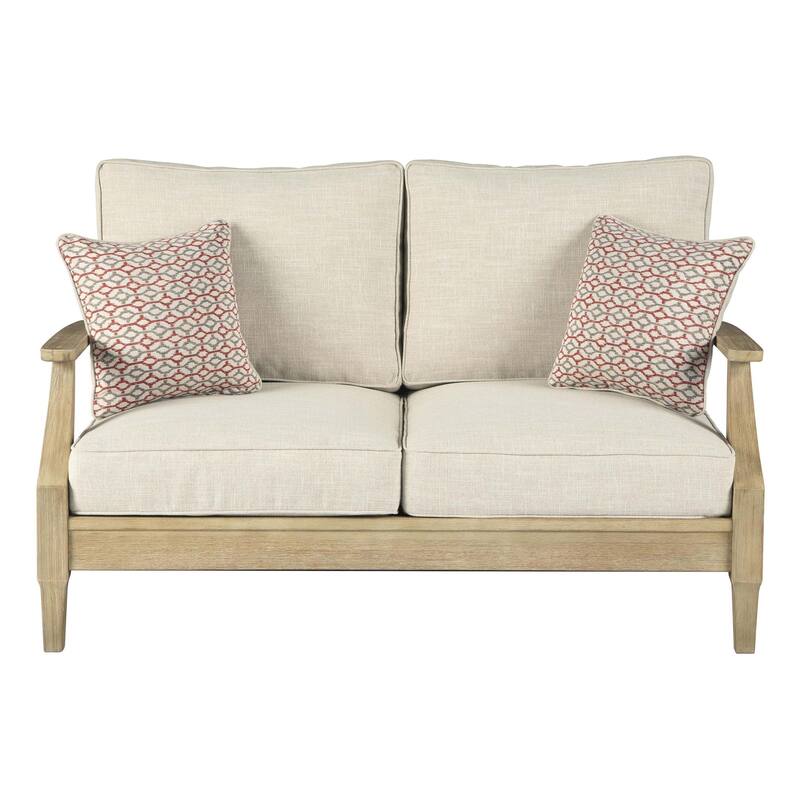 Traditional Wooden Loveseat with Fabric Cushioned Seating, Beige and Brown
