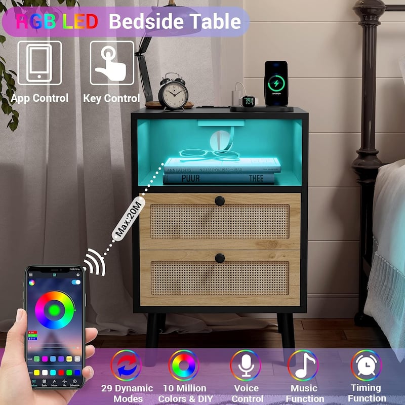 Rattan Nightstand for Bedroom Charging Station USB Ports LED Lights