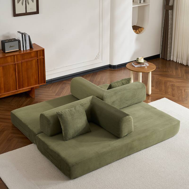 Convertible Sleeper Sofa Bed with Cylindrical Pillow, Corduroy Folding Mattress Couch with Fixed-Shape Frame