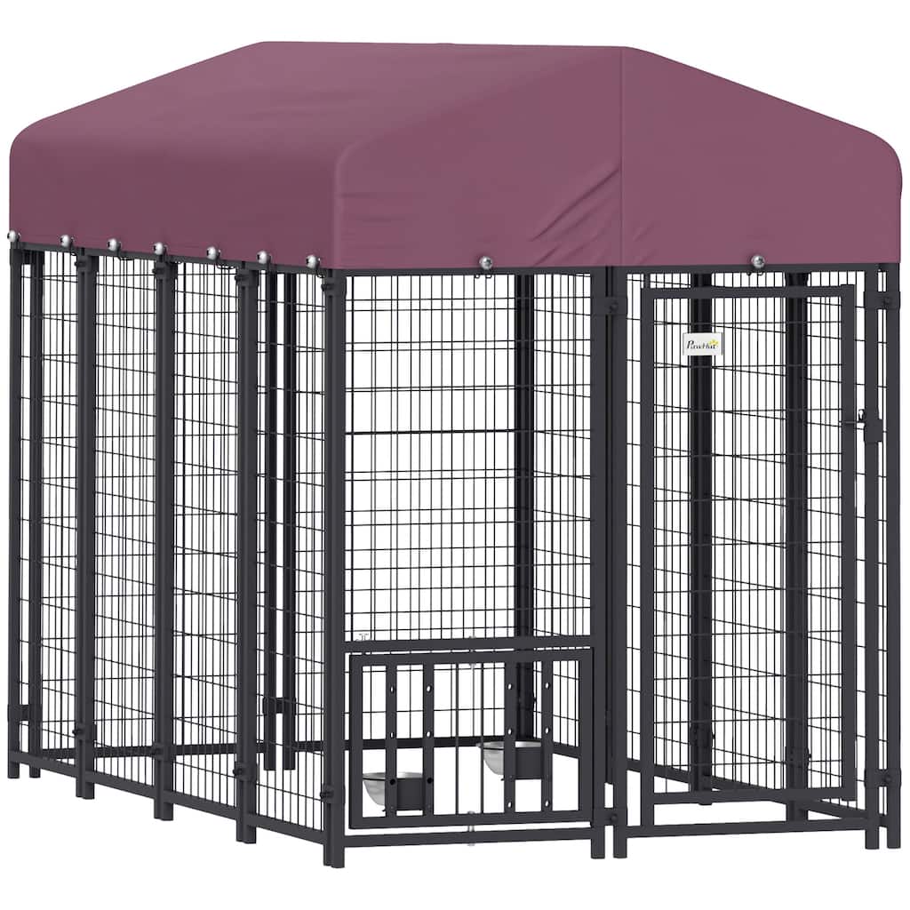 PawHut 7.9' x 4' x 6' Outdoor Dog Kennel, Welded Wire Heavy Duty Dog Run with 360° Rotating & 4 Level Adjustable Bowls