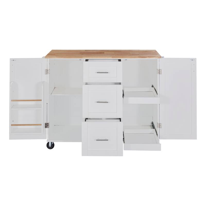 50" Rolling Kitchen Cart with Rubberwood Top, Internal Storage Racks, 5 Drawers & 2 Slide-Out Shelves for Kitchen Organization