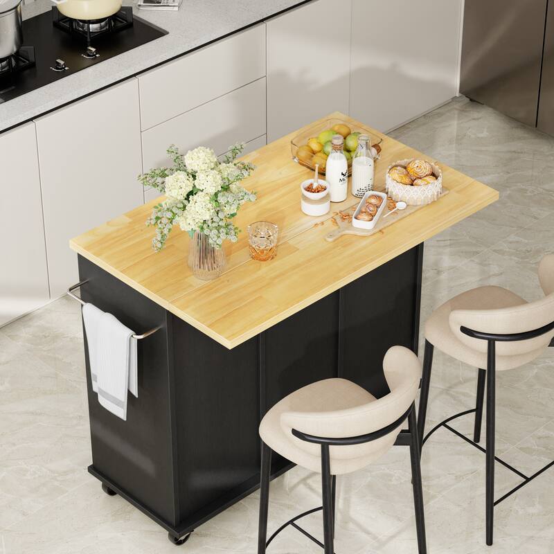 Rolling Kitchen Island Cart with Open Shelf & Drop Countertop - N/A