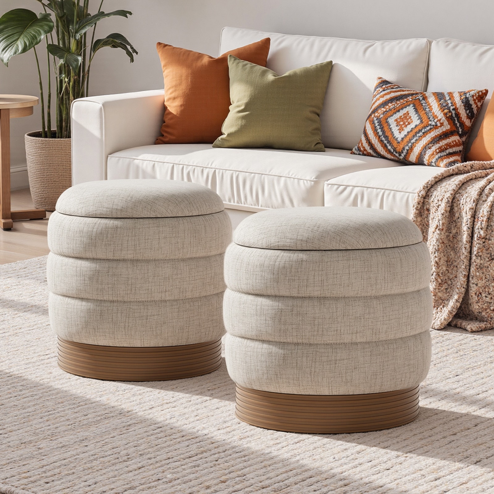 Round Swivel Storage Ottoman Footrest Linen Upholstered Accent Seat with Tray Top, Fully Assembled and Acacia Wood