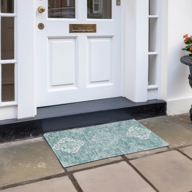 Machine Washable Indoor/ Outdoor Chantille Traditional Boho Rug - Aqua - 1'8" x 2'6"