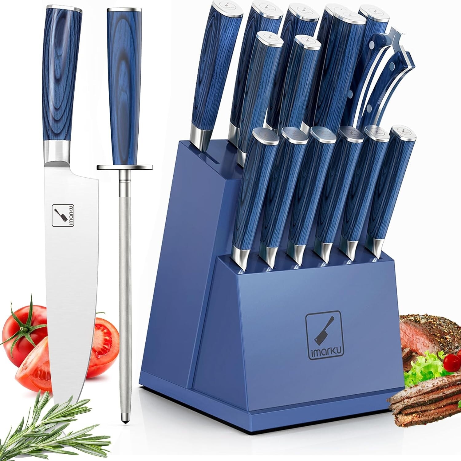 imarku 16 PCs Kitchen Knife Set with Block, German Stainless with