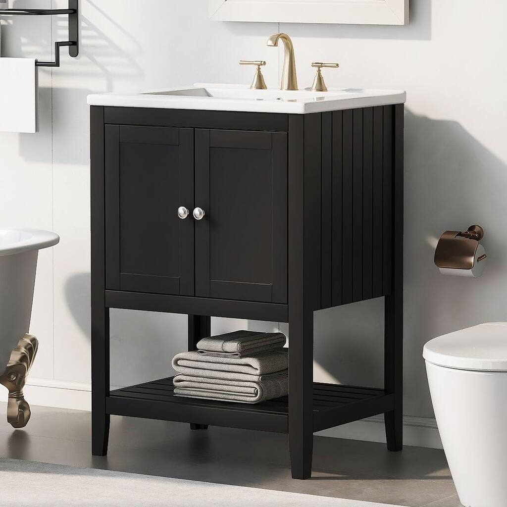 24" Modern Sleek Bathroom Vanity with Sink and Solid Wood Frame，Open Style Shelf