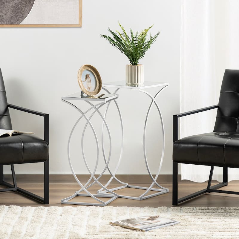 Glitzhome Set of 2 Modern Glam Glass Top Nesting Side Table