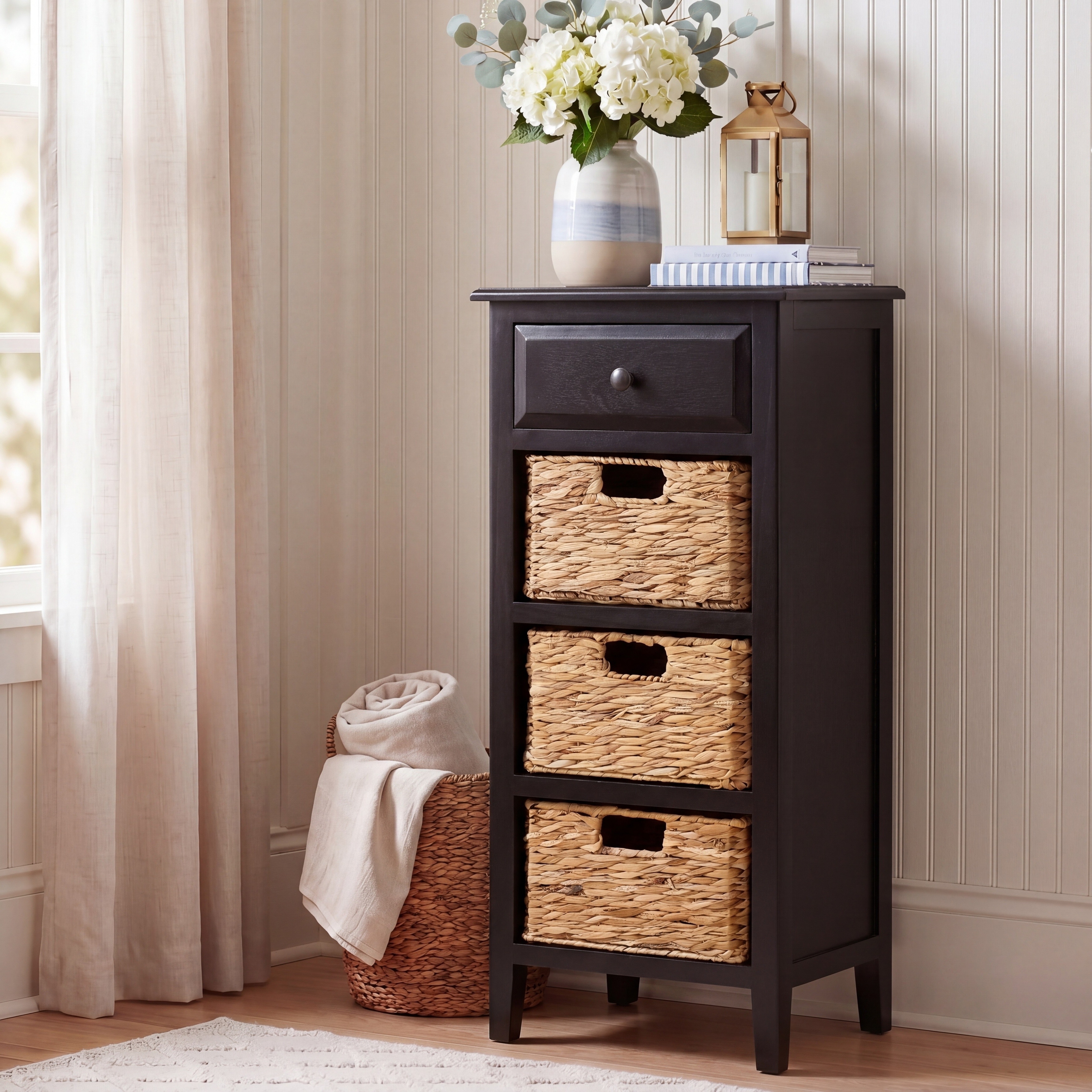 SAFAVIEH Hermine Distressed Black 4-Drawer Storage Side Table - 15" x 11.8" x 35.8" - 15"W x 12"D x 36"H