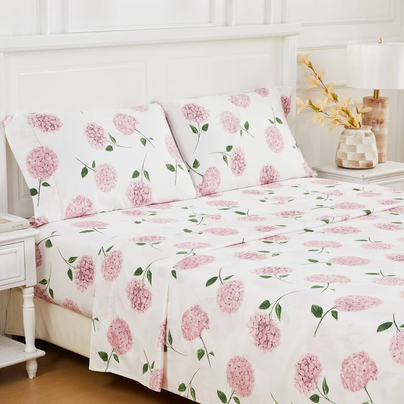 Printed Design Cotton Collection 400TC Hemstitch Pink Hydrangea Sheet Set and Pillowcases