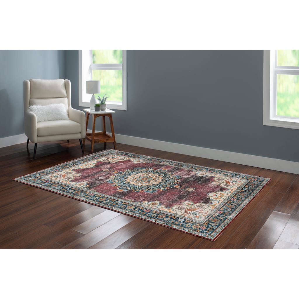 Bryant Machine Washable Ivory & Burgundy Area Rug