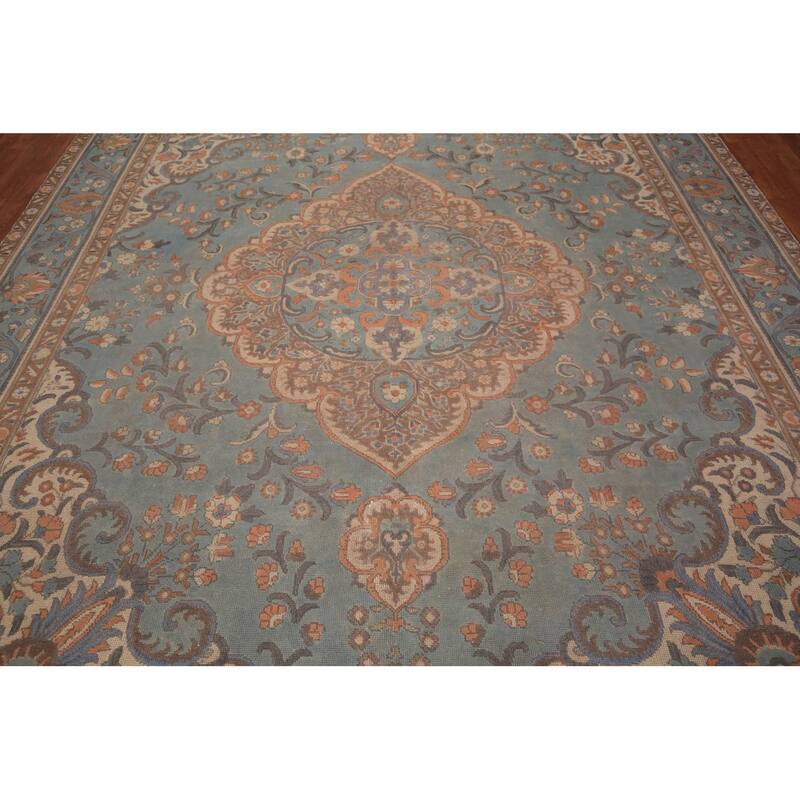 Blue Tabriz Persian Vintage Area Rug Hand-Knotted Wool Carpet - 9'6" x 12'10"