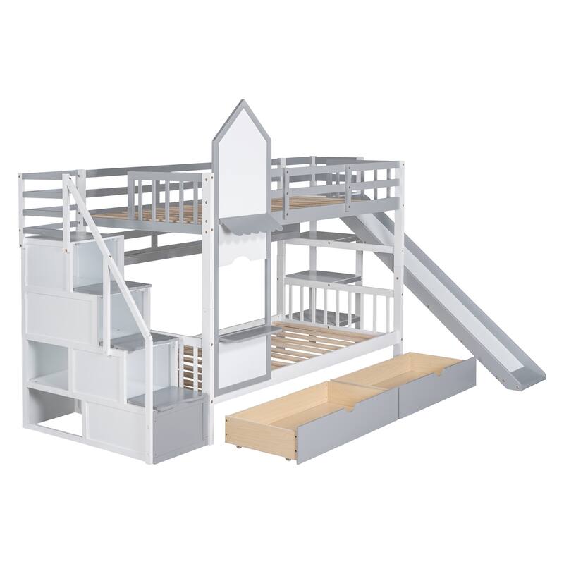 Twin-Over-Twin Bunk Bed with 2 Drawers 3 Shelves