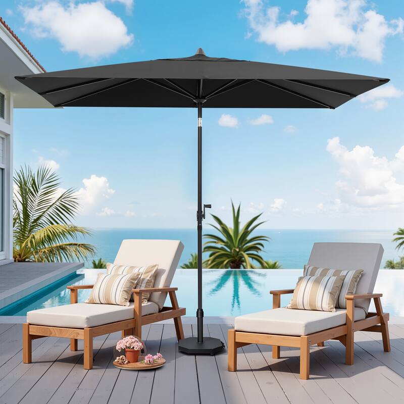 9 x 5 FT Outdoor Patio Rectangular Market Umbrella and Base Stand with Wheels - Black