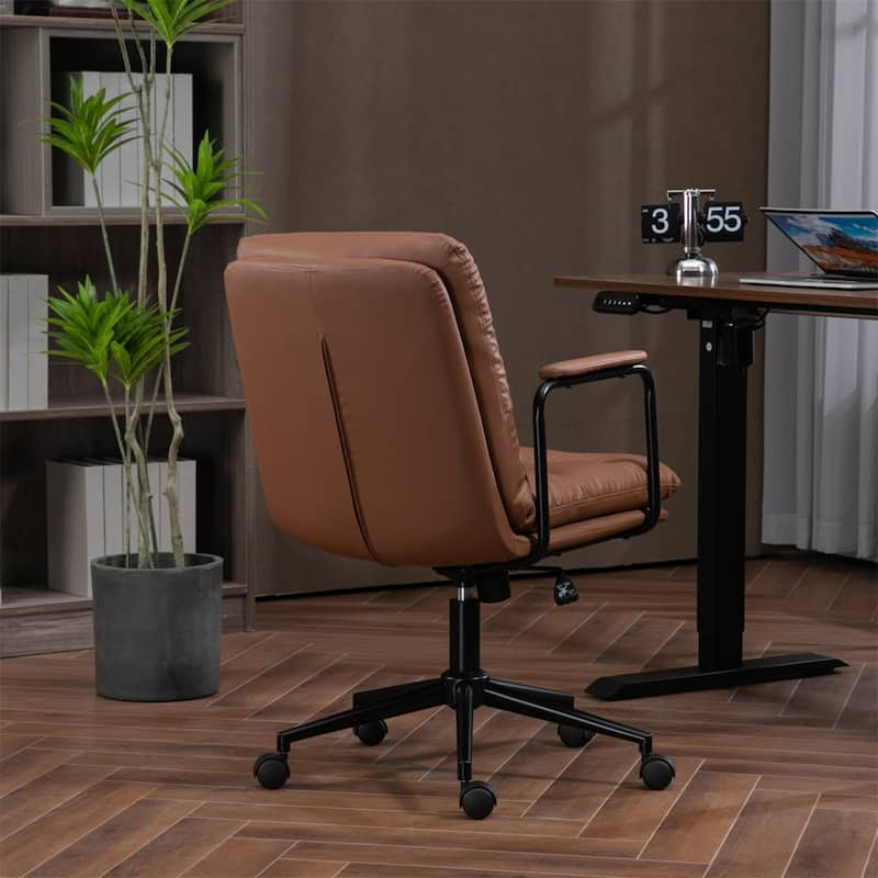 PU Leather Home Office Desk Task Swivel Chair with Wheels, Padded Arms