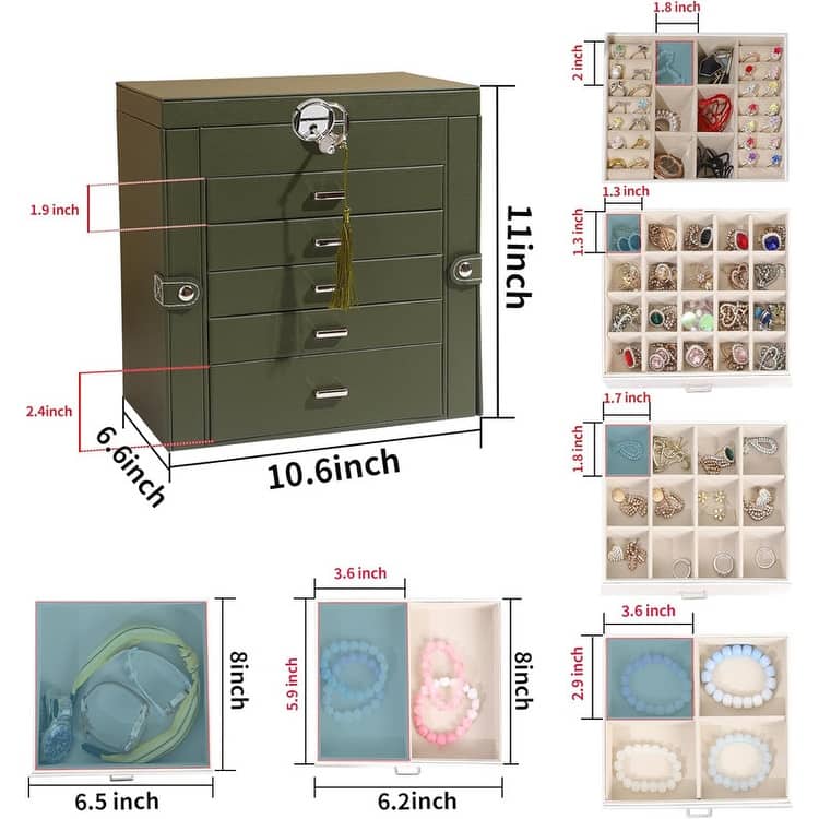 6 Layer Large Jewelry Organizer With Mirror - 6.6"D x 10.6"W x 11"H