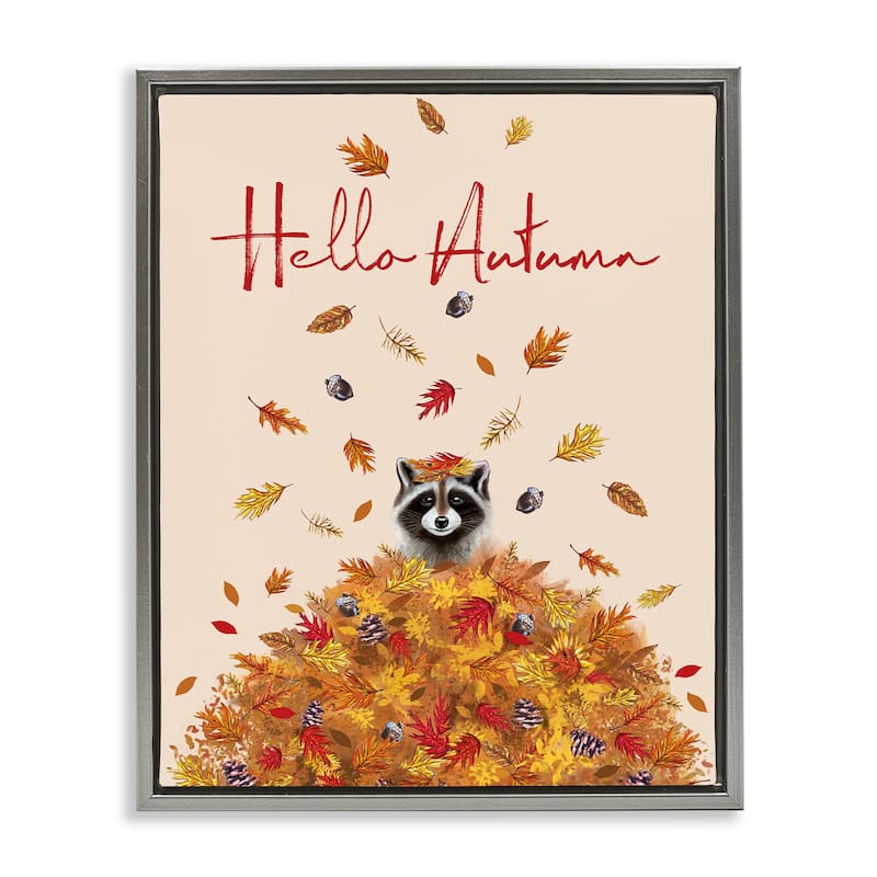 Stupell Hello Autumn Raccoon Framed Floater Canvas Wall Art Design By Elizabeth Tyndall - 17 x 21 - Grey