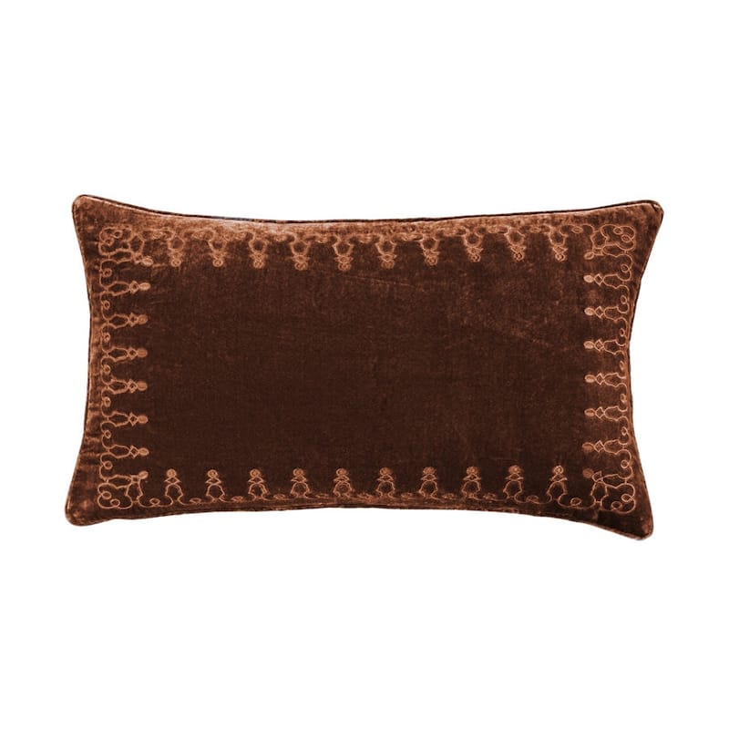 HiEnd Accents Stella Faux Silk Velvet Romantic Western Embroidered Decorative Throw Lumbar Pillow, 14"x24" - Copper Brown