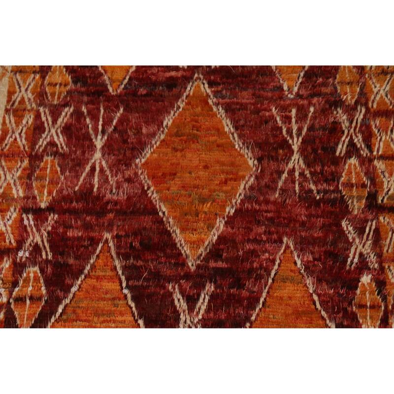 Hand Knotted Oriental 100% Wool Carpet Modern Tribal Red Moroccan Area Rug - 9' 10'' X 6' 10''