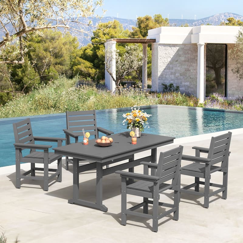 A 66.1-inch HDPS Outdoor Rectangular Table With Umbrella Holes - 32.7" W x 66.1" L x 30.1" H - Grey