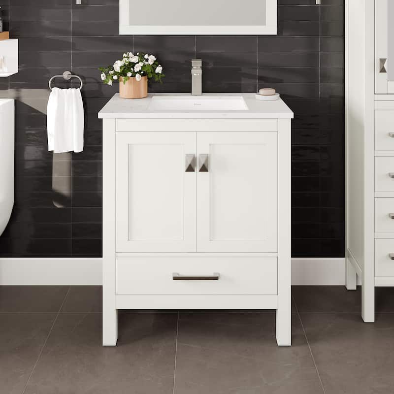 Eviva London 30"W Bath Vanity with Carrara Quartz Top & Porcelain Sink - White