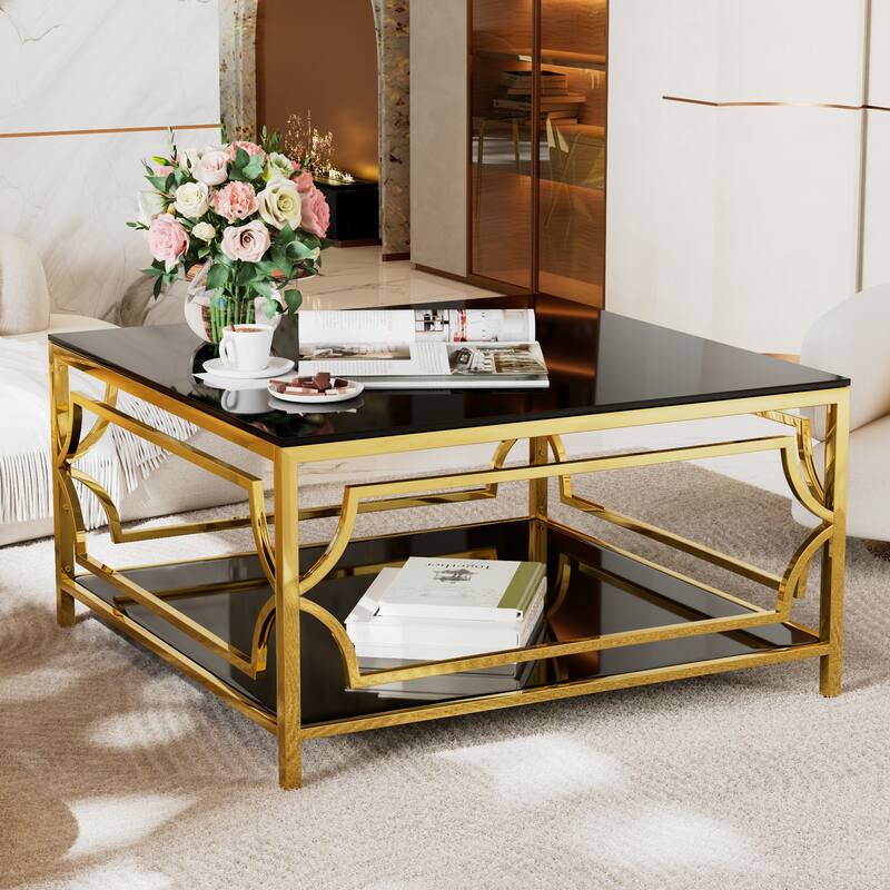 Roomfitters Square Glass Coffee Table with Gold Metal Frame, Black Top, Geometric Design & Lower Shelf, 33.5"