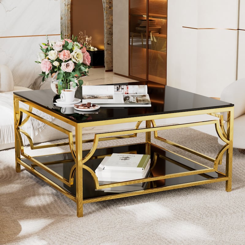Square Glass Coffee Table in 33.5",Luxurious Geometric Metal Frame,Gold Finish & Lower Shelf