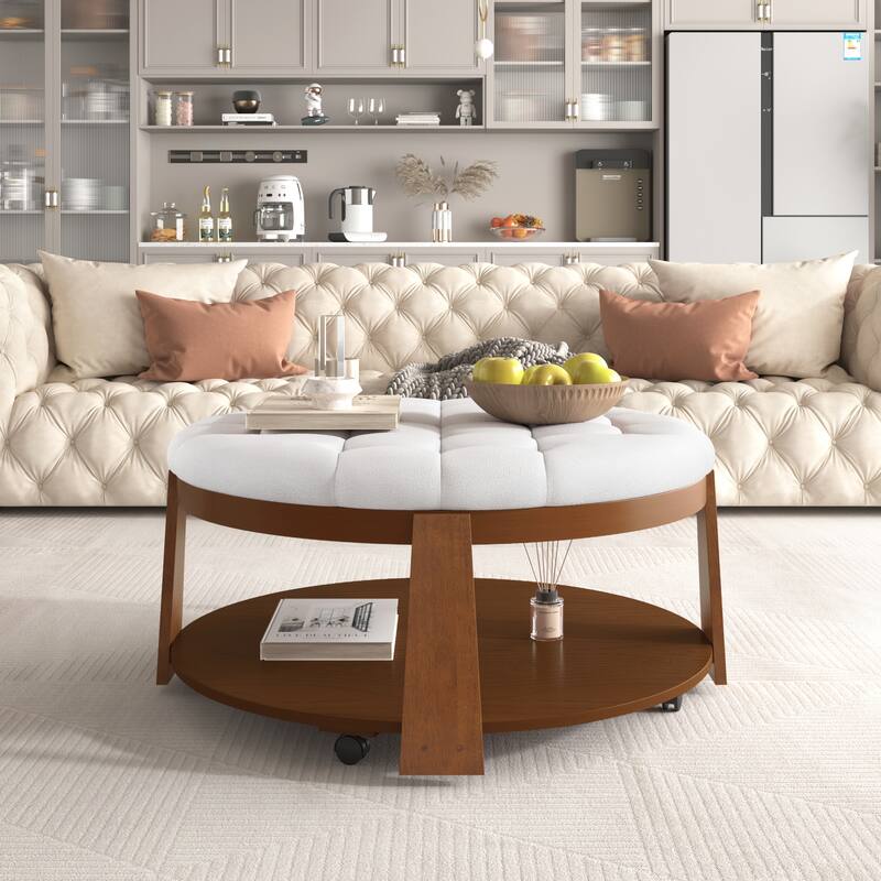 Modern Large Round Ottoman Coffee Table 2-Tier Oversized Button Tufted Ottoman with Wood Shelf Storage Upholstered Coffee Table - Ivory White