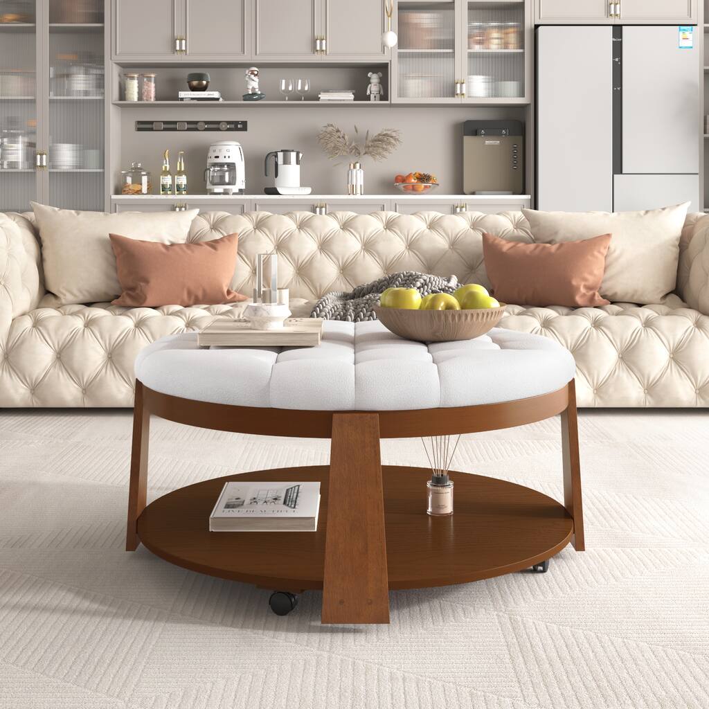Round 2-Tier Upholstered Coffee Table Ottoman with Wood Shelf Storage and Wheel