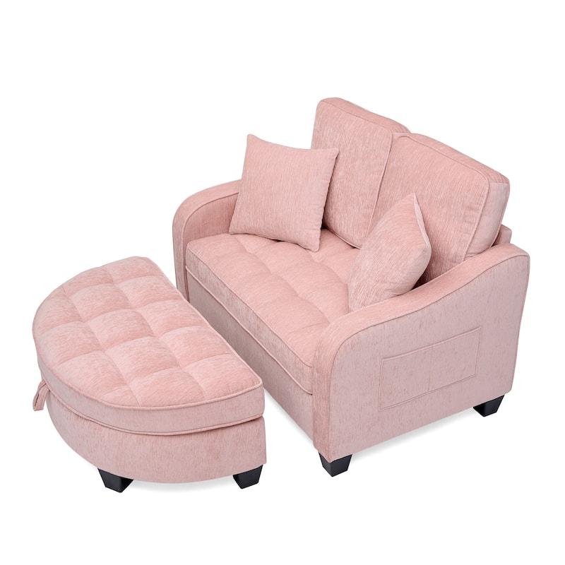 Two-Seater Chaise Longue Sofa with Storage Footrest, Irregular Armrests & Throw Pillows for Living Room & Bedroom