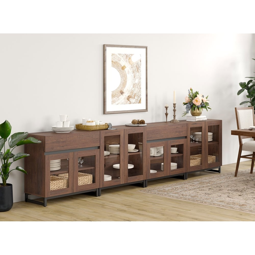 4-in-1 Multifunctional Sideboard Buffet with Glass Doors, 2 Drawers & Metal Base, Modern Coffee Bar Cabinet for Kitchen Storage.