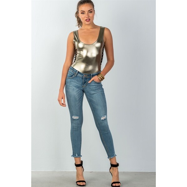 Ladies Fashion Metallic Gold Contrast Strappy Sides Bodysuit