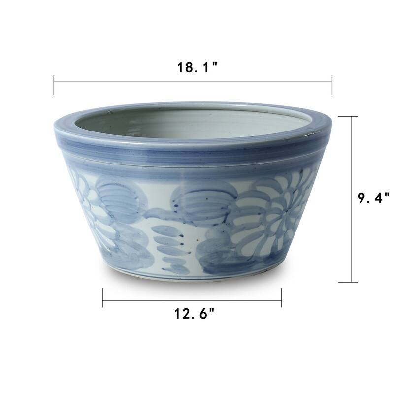 Approx. 18 Inches Wide Blue and White Planter with Flower Motif