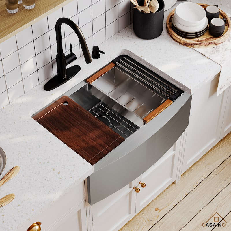 Stainless Steel Sink 16-Gauge Single Bowl Farmhouse Apron Workstation Kitchen Sink in Brushed with Accessories
