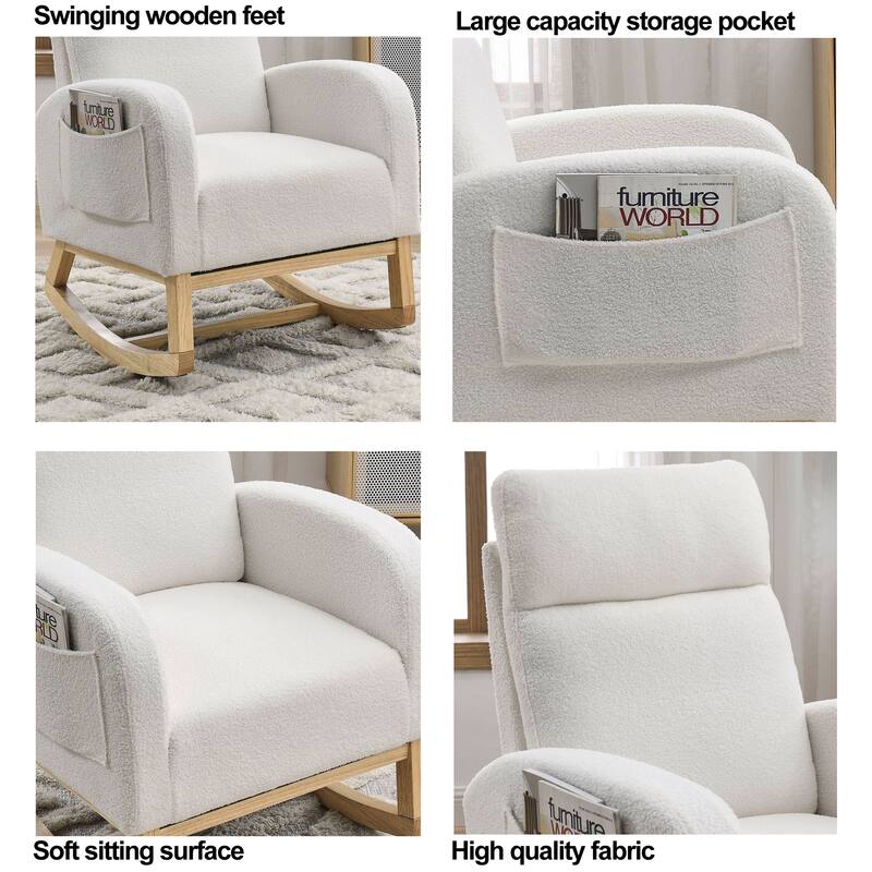 High Backrest Rocking Chair with Rubber Wood Base and Two Side Pocket