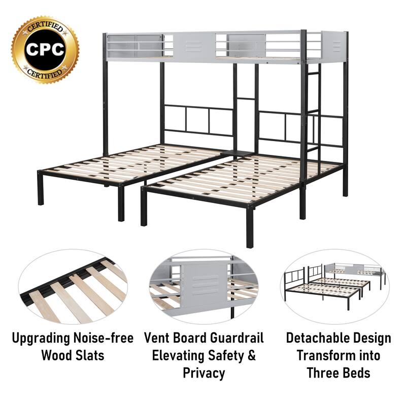 Convertible Triple Bunk Bed with Vent Board, Noise-Free Wood Slats, and Sturdy Metal Frame